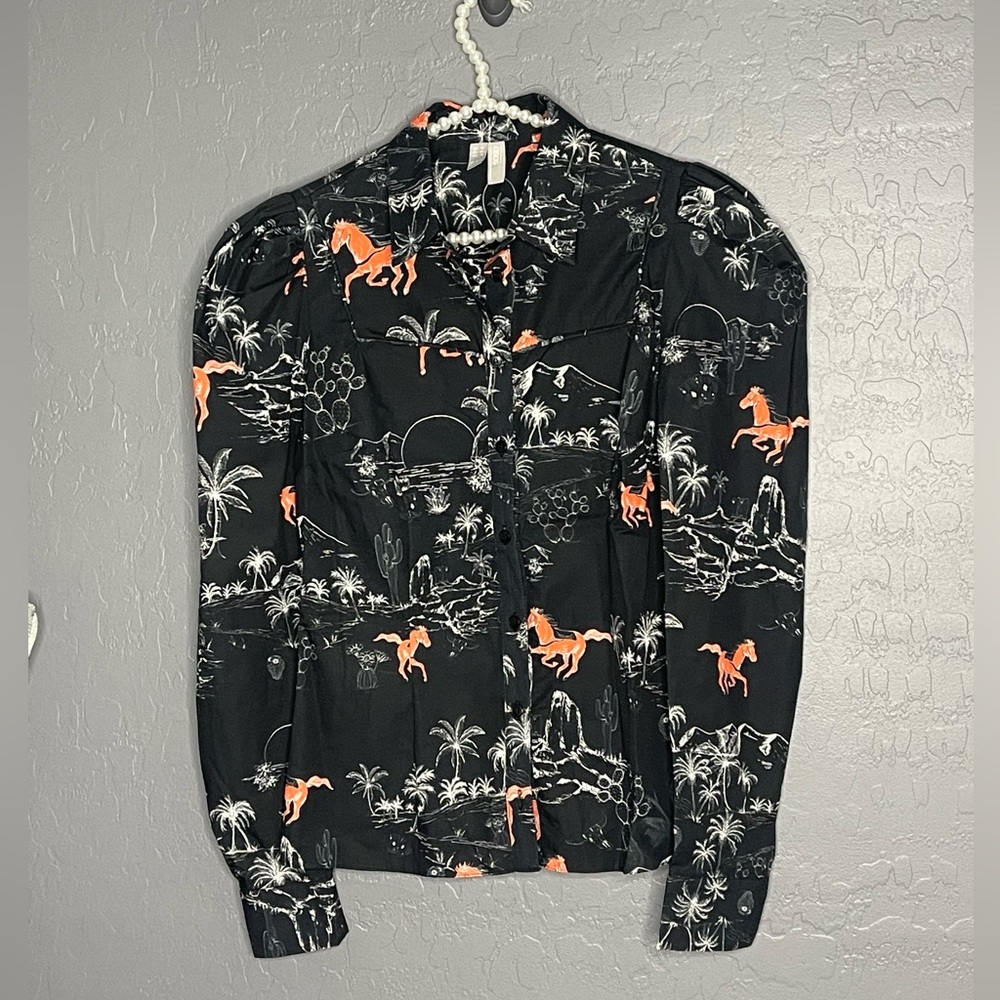 New Asos Black Puff Shoulder Longsleeve with Horse Print